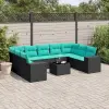  10 db fekete polyrattan kerti kanapégarnitúra párnákkal