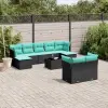  10 db fekete polyrattan kerti kanapégarnitúra párnákkal