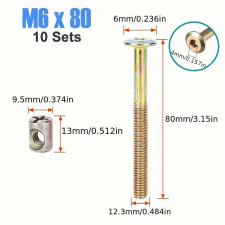 10 db M6 6mm-es bútorcsavar és anyacsavar készlet bútor