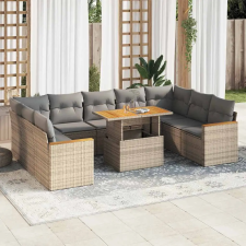 10 részes bézs polyrattan akácfa kerti ülőgarnitúra párnával kerti bútor