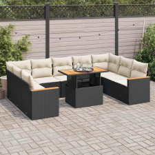 10 részes fekete polyrattan akácfa kerti ülőgarnitúra párnákkal kerti bútor