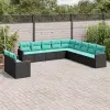  11 db fekete polyrattan kerti kanapégarnitúra párnákkal