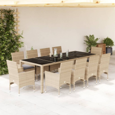  11 részes bézs polyrattan/üveg kerti étkezőgarnitúra párnákkal kerti bútor
