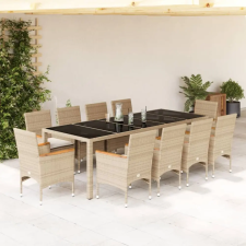  11 részes bézs polyrattan/üveg kerti étkezőgarnitúra párnákkal kerti bútor