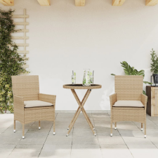  3 részes bézs polyrattan/üveg bisztrógarnitúra párnával kerti bútor