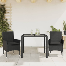  3 részes fekete polyrattan/üveg kerti étkezőgarnitúra párnákkal kerti bútor