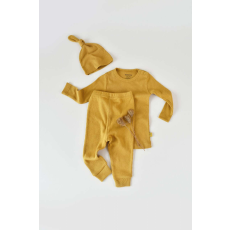  3 részes készlet: blúz hosszú ujjú, hosszú nadrág és sapka organikus és modális pamutból - sáfrány, BabyCosy (méret: 6-9 hónap)