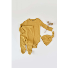  3 részes készlet: hosszú ujjú test, hosszú nadrág csizmával és sapkával organikus és modális pamutból - sáfrány, BabyCosy (méret: 6-9 hónap)