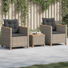  3 részes szürke polyrattan és akácfa bisztrószett párnákkal kerti bútor