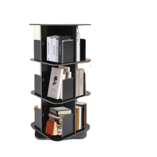  3-szintű forgó könyvespolc, helymegtakarítás, tartós PVC és rozsdamentes acél, fekete bútor