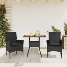 3részes fekete polyrattan/akácfa kerti étkezőgarnitúra párnákkal kerti bútor