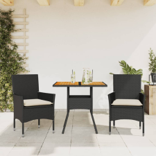  3részes fekete polyrattan/akácfa kerti étkezőgarnitúra párnákkal kerti bútor