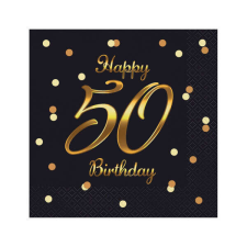 50. Happy Birthday szalvéta - 20 darabos - fekete/arany papírárú, csomagoló és tárolóeszköz