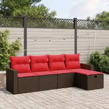  5 db barna polyrattan kerti kanapégarnitúra párnákkal kerti bútor