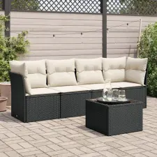 5 részes fekete polyrattan kerti kanapészett párnákkal kerti bútor