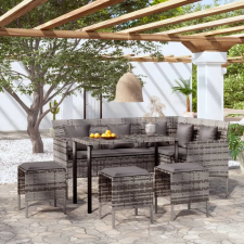  5 személyes szürke polyrattan L-alakú kanapészett párnákkal kerti bútor