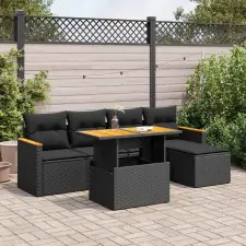  6 részes fekete polyrattan akácfa kerti ülőgarnitúra párnákkal kerti bútor