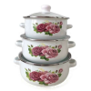  6 részes retro edénykészlet - hagyományos zománcozott lábasok átlátszó fedővel és festett rózsa mintával