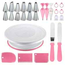  76 db-os tortadíszítő készlet-műanyag és rozsdamentes alapanyagokból -rózsaszín sütés és főzés