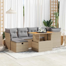  7 részes bézs polyrattan akácfa kerti ülőgarnitúra párnákkal kerti bútor