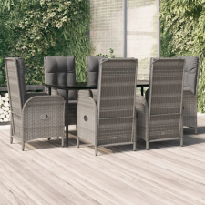  7 részes fekete és szürke polyrattan kerti étkezőszett párnával kerti bútor