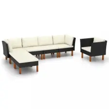  7 részes fekete polyrattan és eukaliptuszfa kerti ülőgarnitúra kerti bútor