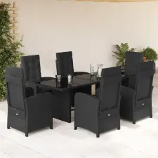  7 részes fekete polyrattan kerti étkezőgarnitúra párnával kerti bútor