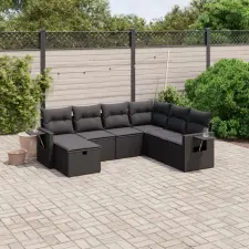  7 részes fekete polyrattan kerti ülőgarnitúra párnával kerti bútor