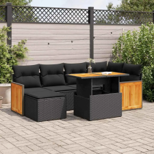 8 részes fekete polyrattan akácfa kerti ülőgarnitúra párnákkal kerti bútor
