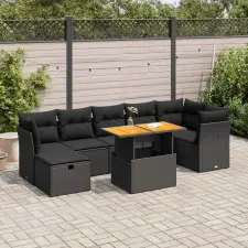  8 részes fekete polyrattan akácfa kerti ülőgarnitúra párnákkal kerti bútor
