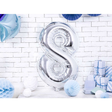 8. szám, fólia lufi, 86 cm, ezüst party kellék