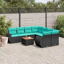  9 db fekete polyrattan kerti kanapégarnitúra párnákkal kerti bútor