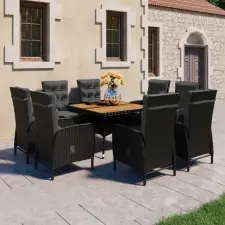  9 részes fekete polyrattan és akácfa kerti étkezőgarnitúra kerti bútor