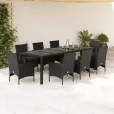  9 részes fekete polyrattan/üveg kerti étkezőgarnitúra párnákkal kerti bútor