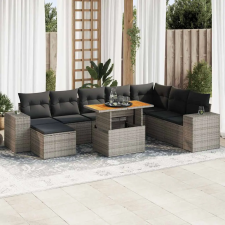  9 részes szürke polyrattan akácfa kerti ülőgarnitúra párnákkal kerti bútor