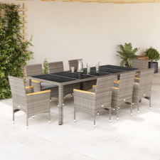  9 részes szürke polyrattan/üveg kerti étkezőgarnitúra párnával kerti bútor
