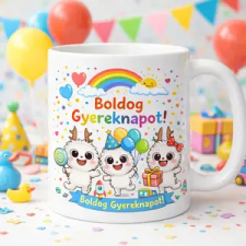 Ajándékbor Kft Boldog Gyereknapot feliratú, aranyos figurás kerámia bögre – vidám ajándék gyerekeknek ajándéktárgy