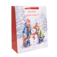  Ajándéktasak család hóemberrel 26x32cm dekorációs kellék