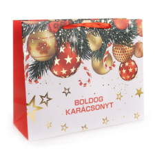  Ajándéktasak fekvő- közepes (fehér alapon piros-arany gömbdíszek) party kellék