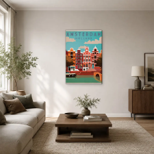  Amsterdam Holland csatornaparti házak retro utazási poszter vászonkép dekoráció