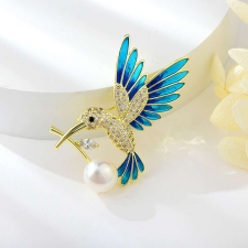Arannyal bevont csodaszép kolibri bross áttetsző cirkónia kristályokkal, kagylógyönggyel (0521.) bross