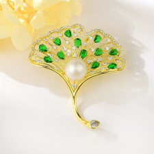 Arannyal bevont elegáns ginkgo levél bross zöld cirkónia kristályokkal (0508.) bross