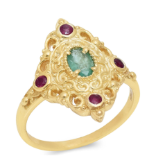  Arannyal Bevont Ezüst Gyűrű Madagaszkári Rubinnal és Brazil Smaragddal, XMP105/59 gyűrű