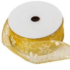  Aranyszélű drótos organza szalag virág mintás sárga 3,8cmx10yard dekorációs kellék