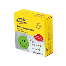 Avery Etikett AVERY 3858 öntapadó jelölőpont adagoló dobozban mosolygós arc mintás zöld 19mm 250 jelölőpont/doboz etikett