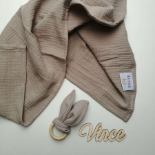 Babatakaró textil pelenka bézs nyuszi rágóka szett pamut nagy méret babaágynemű, babapléd