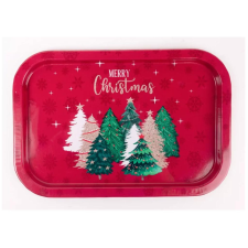  Bádog tálca, szögletes, piros, fenyőfa mintás fajáték