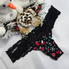 Barones Mikulásos-Karácsonyi tanga fekete-karácsonyfa mintás S