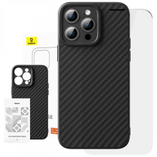 Baseus Synthetic Fiber hátlaptok + edzett üveg iPhone 15 Pro fekete mobiltelefon kellék