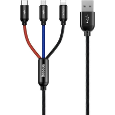 Baseus USB töltő- és adatkábel 3in1, USB Type-C, Lightning, microUSB, 120 cm, 3500 mA, gyorstöltés, cipőfűző minta, Baseus Three Primary Colors, CAMLT-BSY01, fekete/színes kábel és adapter